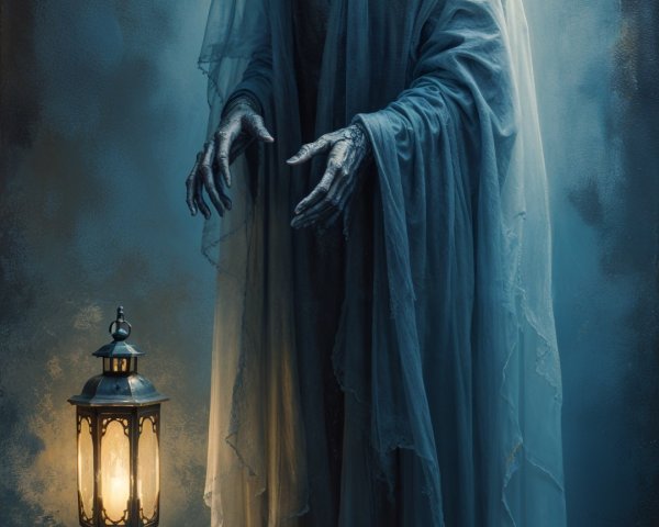 Ghostly Figure with Lantern in Eerie Blue Background