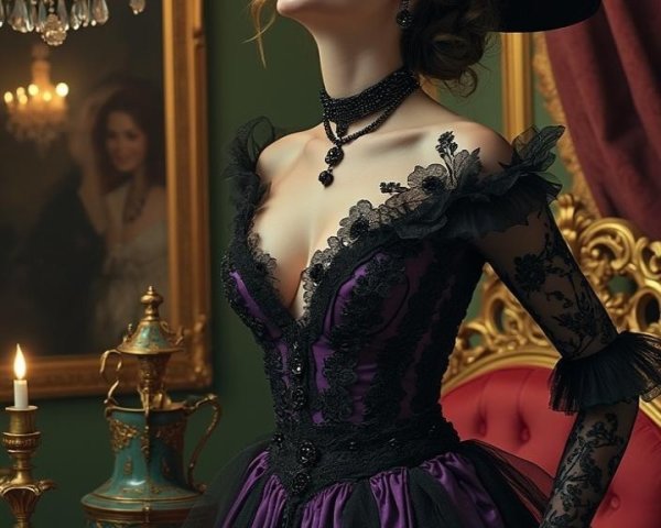 Elegant Woman in Purple Gown with Witch's Hat