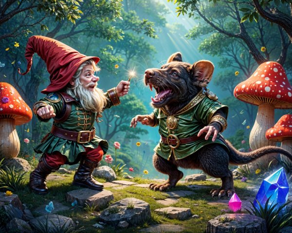 Cheerful gnome with wand and friendly rodent in forest