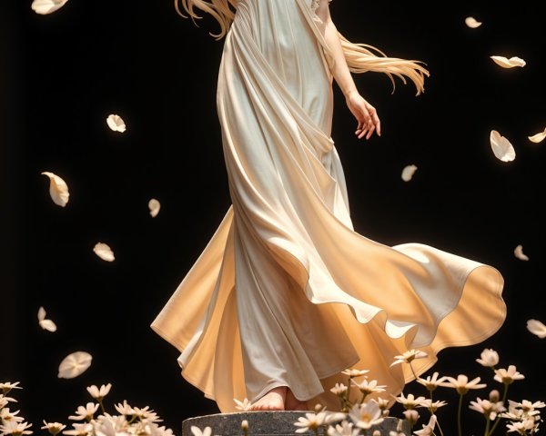 Ethereal figure in cream gown amidst daisies