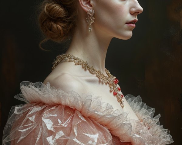 Profile of a young woman in a pink gown and crown