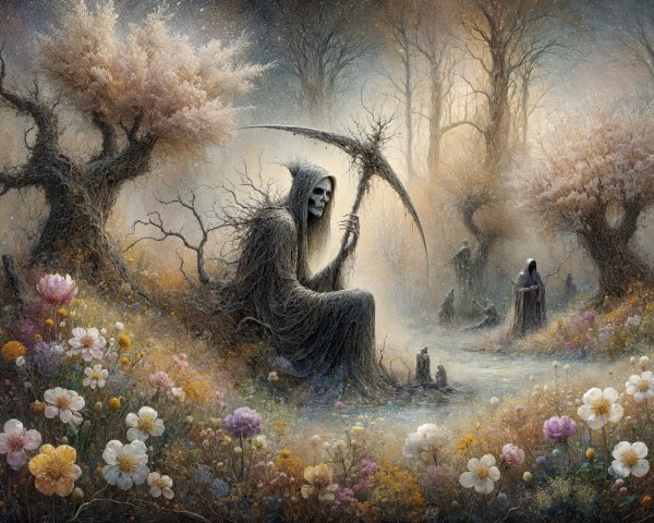 Misty Landscape with Skeletal Figures and Flowers
