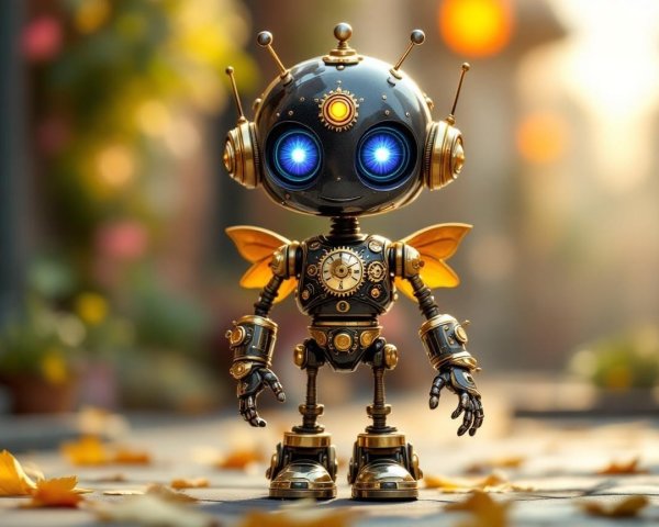 Steampunk Robot in Autumnal Setting with Gears and Wings