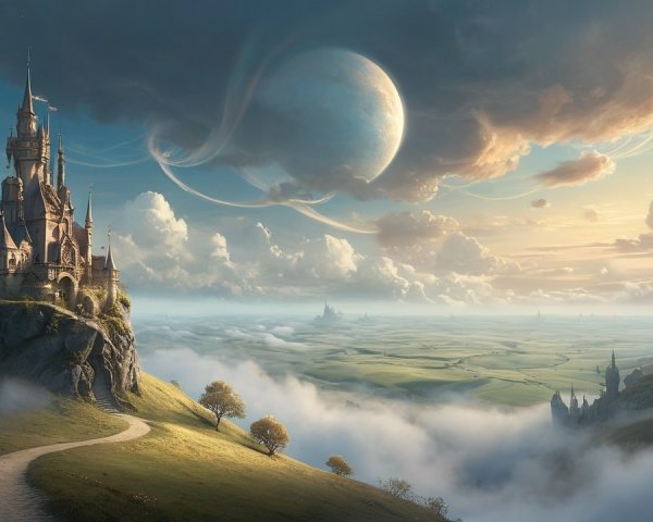 Majestic castle on a rocky hill with dramatic landscape