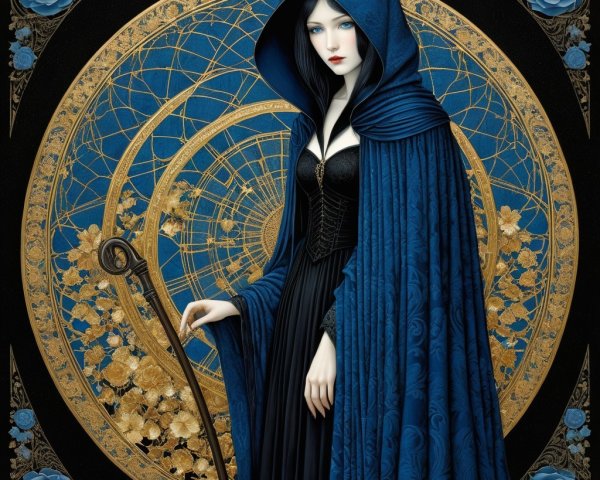 Mysterious Figure in Blue Cloak with Staff and Designs
