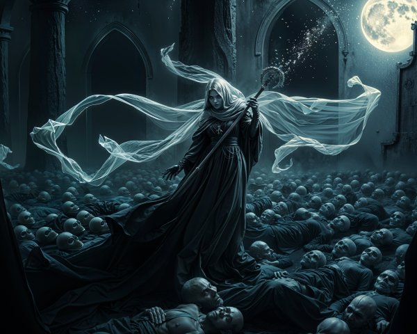 Eerie Scene of a Figure in Black Robe with Moonlight