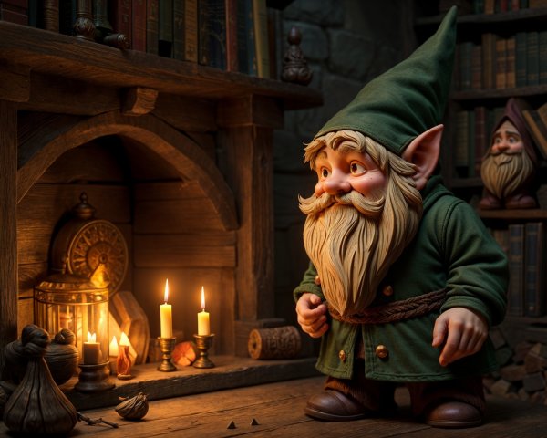 Gnome by Fireplace in Cozy Book-Filled Room