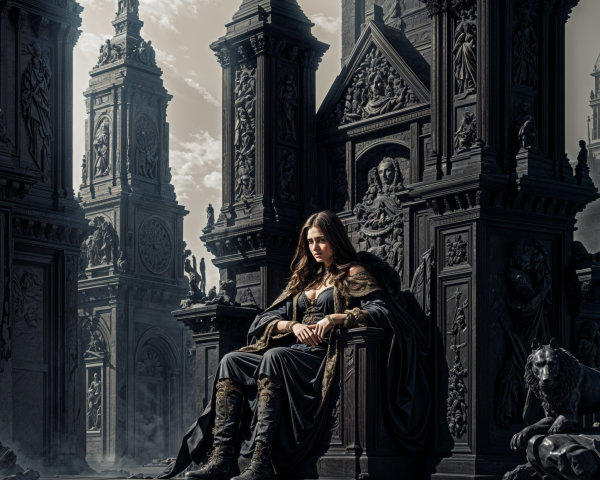 Regal Figure on Ornate Throne in Gothic Setting