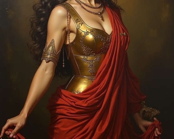 Regal woman in red gown with crown and jewelry