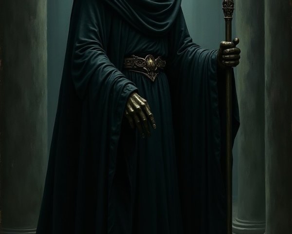 Cloaked Figure in Dimly Lit Ancient Corridor