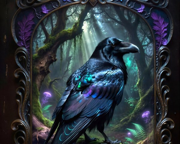 Iridescent Crow in Enchanted Forest Setting