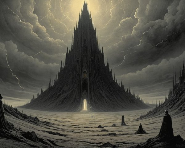 Dark Landscape with Fortress-Like Mountain Structure