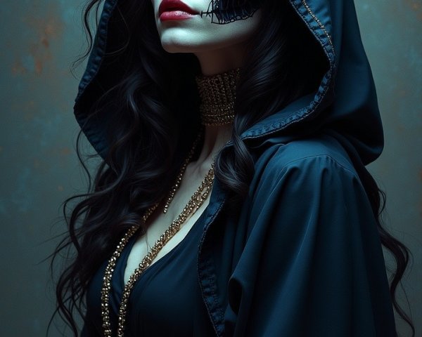 Mysterious Figure in Dark Robe with Red Eyes and Jewelry