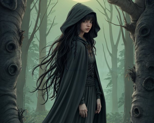 Young woman in dark garments in a mystical forest