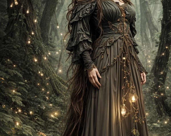 Young woman in dark gown in mystical forest setting