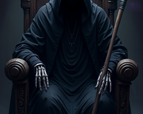 Mysterious Figure on Ornate Throne with Scythe