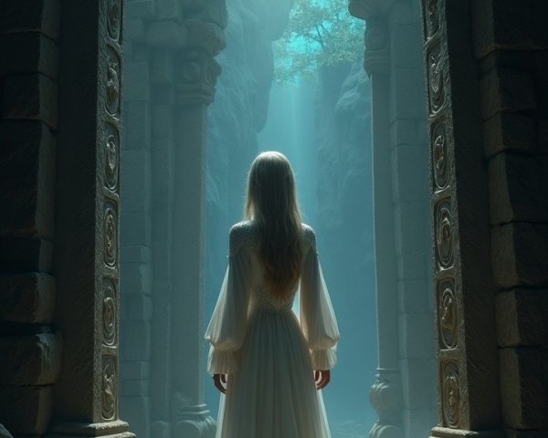 Mysterious Figure in Ancient Ruin with Ethereal Light
