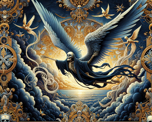Skeletal Figure with Wings Above Tumultuous Clouds