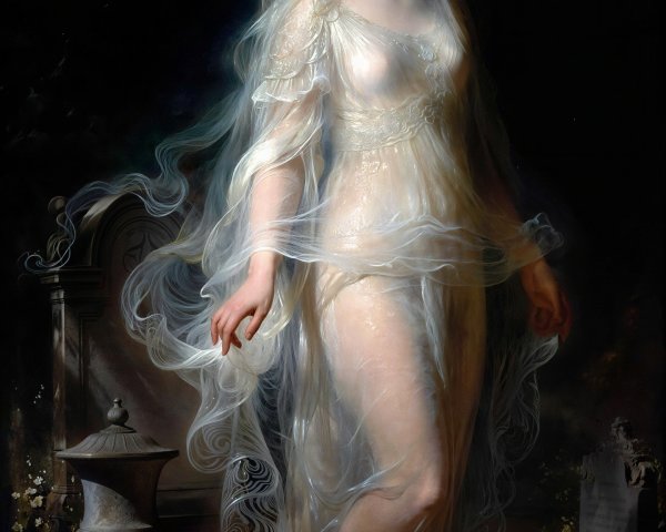 Woman in White Dress in Cemetery with Tombstone