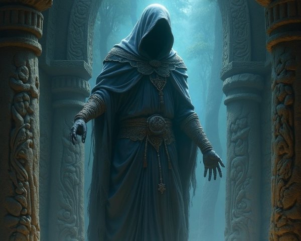 Cloaked Figure Under Ancient Archway in Mystical Forest
