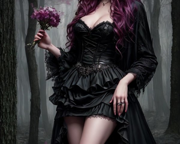 Mysterious Woman in Enchanting Forest with Flowers