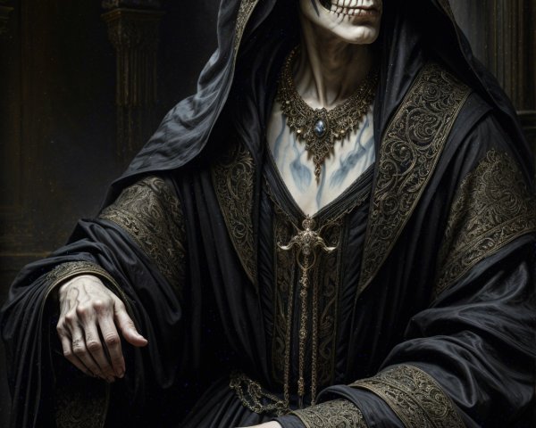 Skeletal Figure in Ornate Black Robe with Gothic Backdrop