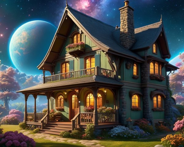 Fantasy Two-Story House Under Mystical Night Sky