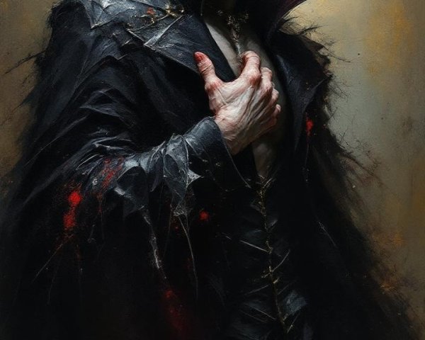 Haunting Figure in Black Cloak with Red Accents