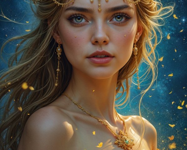 Elegant young woman in gown with golden jewelry