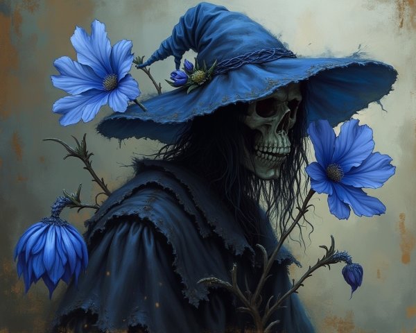 Skeletal Figure with Tattered Blue Witch's Hat and Flowers