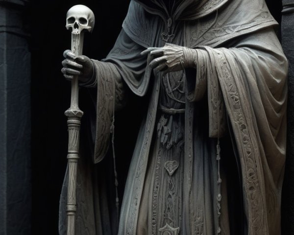 Cloaked Figure in Dim Archway with Skull Staff