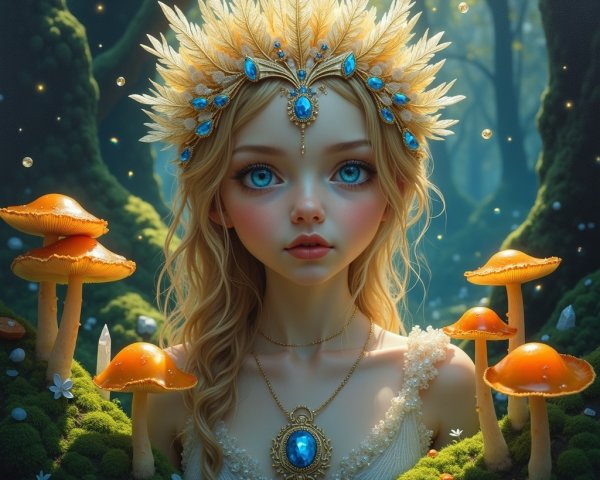 Mystical figure in a magical forest with a crown