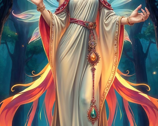 Majestic figure in enchanted forest with ethereal wings