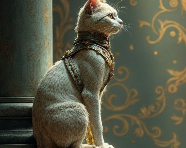Regal White Cat on Pedestal with Ornate Background