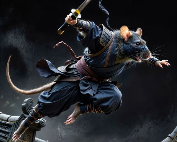 Giant House Rat in Ninja Outfit with Samurai Sword
