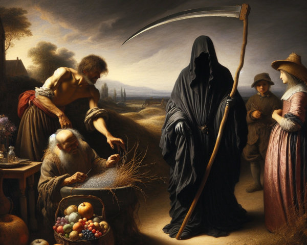 Cloaked Figure of Death Observes Life's Interactions