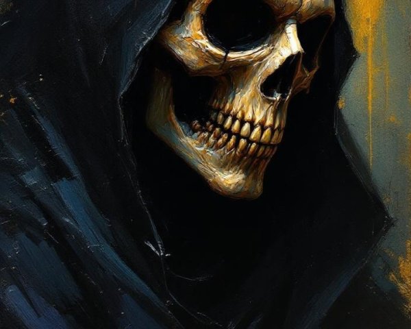Portrait of a Skull in Dark Hood with Golden Background