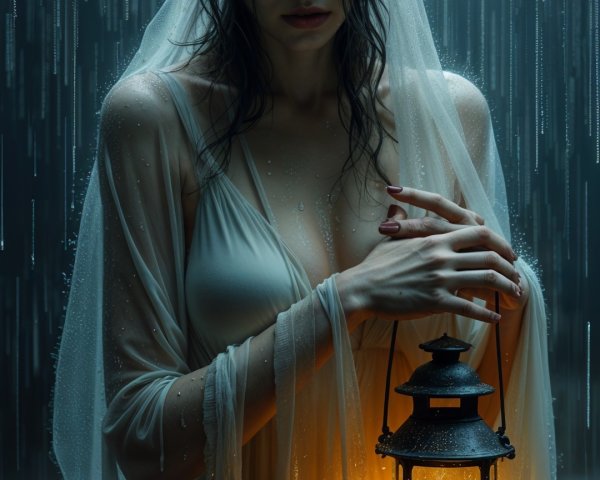 Haunting Figure in Sheer Gown with Lantern in Rain
