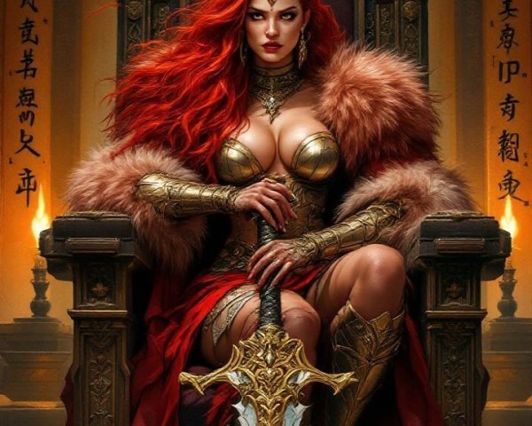 Warrior Queen on Throne with Sword and Symbols