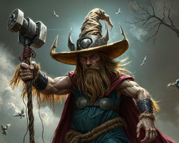Mythical figure with hammer in dramatic setting