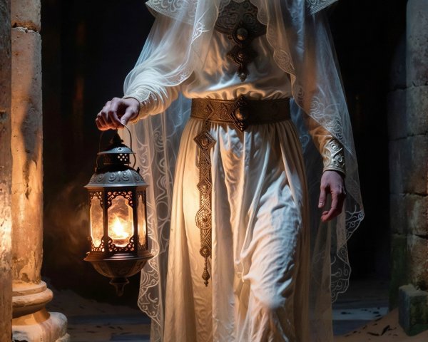 Ghostly Figure in White Robes in Dimly Lit Room