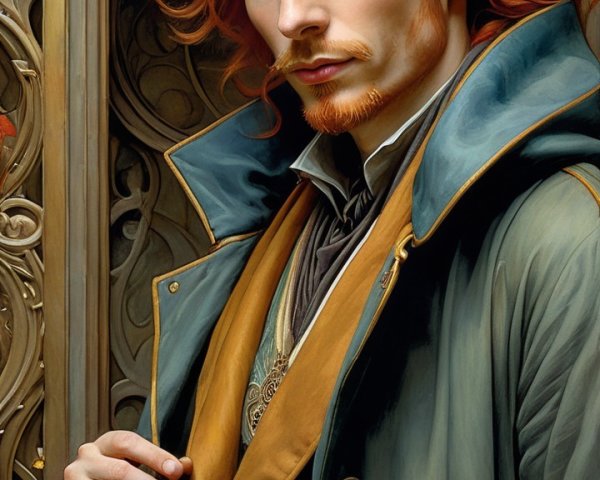 Young man with red hair in elegant layered coat