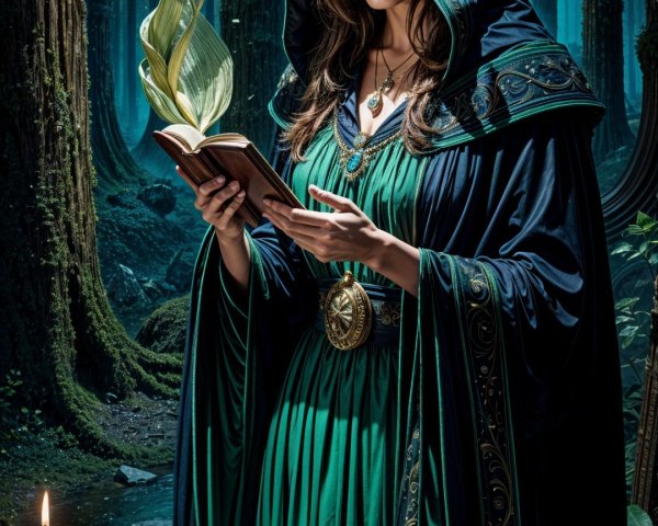 Young Woman Reading Ancient Book in Mystical Forest