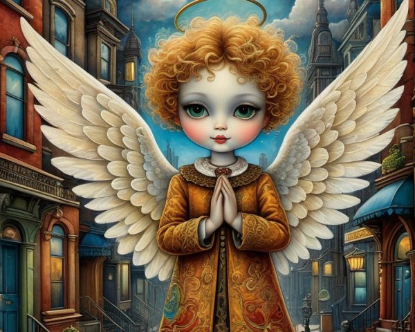 Whimsical Angel on Cobblestone Street at Night