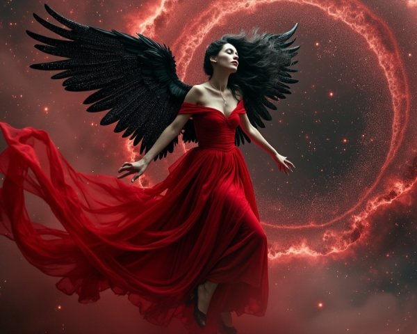 Woman with Black Wings in Cosmic Scene