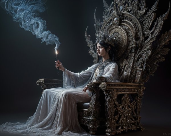 Regal figure on ornate throne with candlelight glow