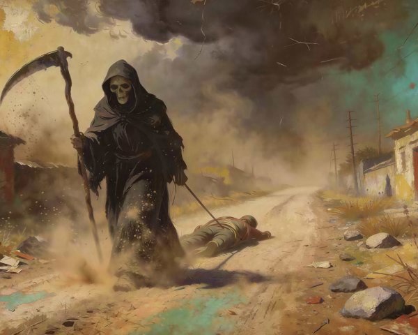Grim Reaper in Desolate Landscape with Deceased Soldier