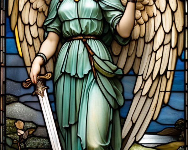 Stained Glass Window Featuring Angelic Figure and Landscape
