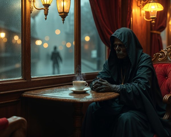 Cloaked skeleton in a café with rain-streaked window