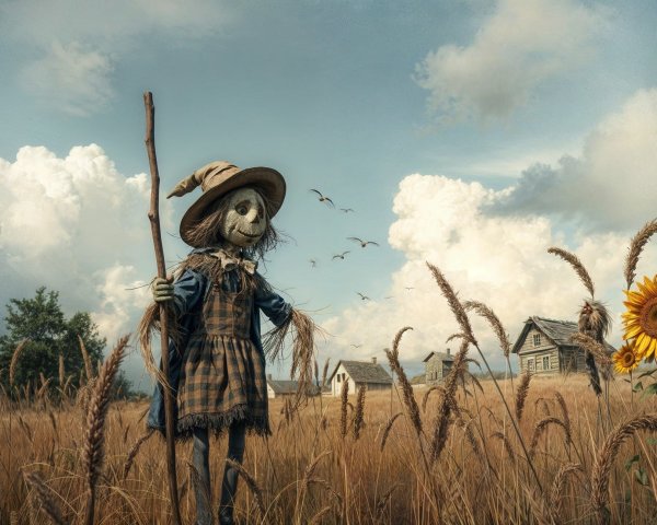 Whimsical Scarecrow in Golden Wheat Field Scene